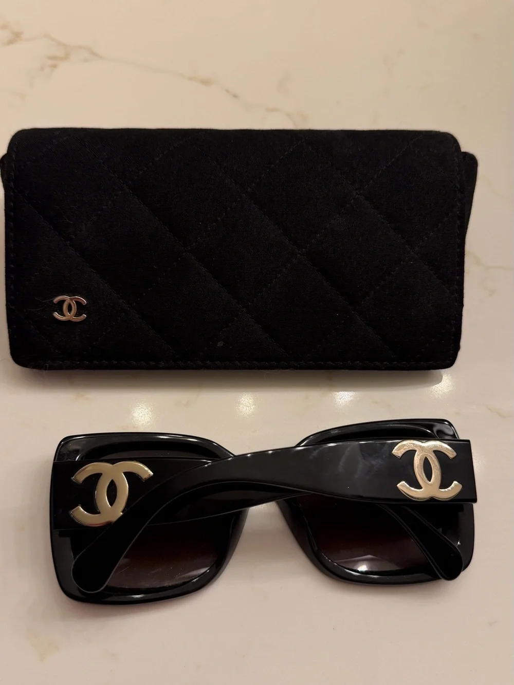 CHANEL Black Square Sunglasses with Gold CC Logos and Quilted Case